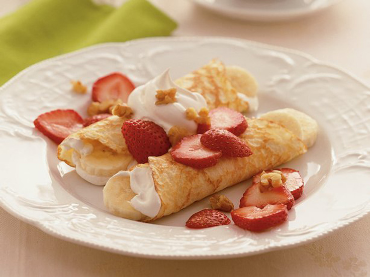 Classic Thin Pancakes Recipe with strawberries, bananas, cream